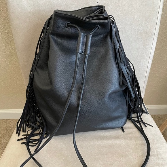 Victoria's Secret Bags Victorias Secret Black Faux Leather Backpack W Fringe Drawstring Bag